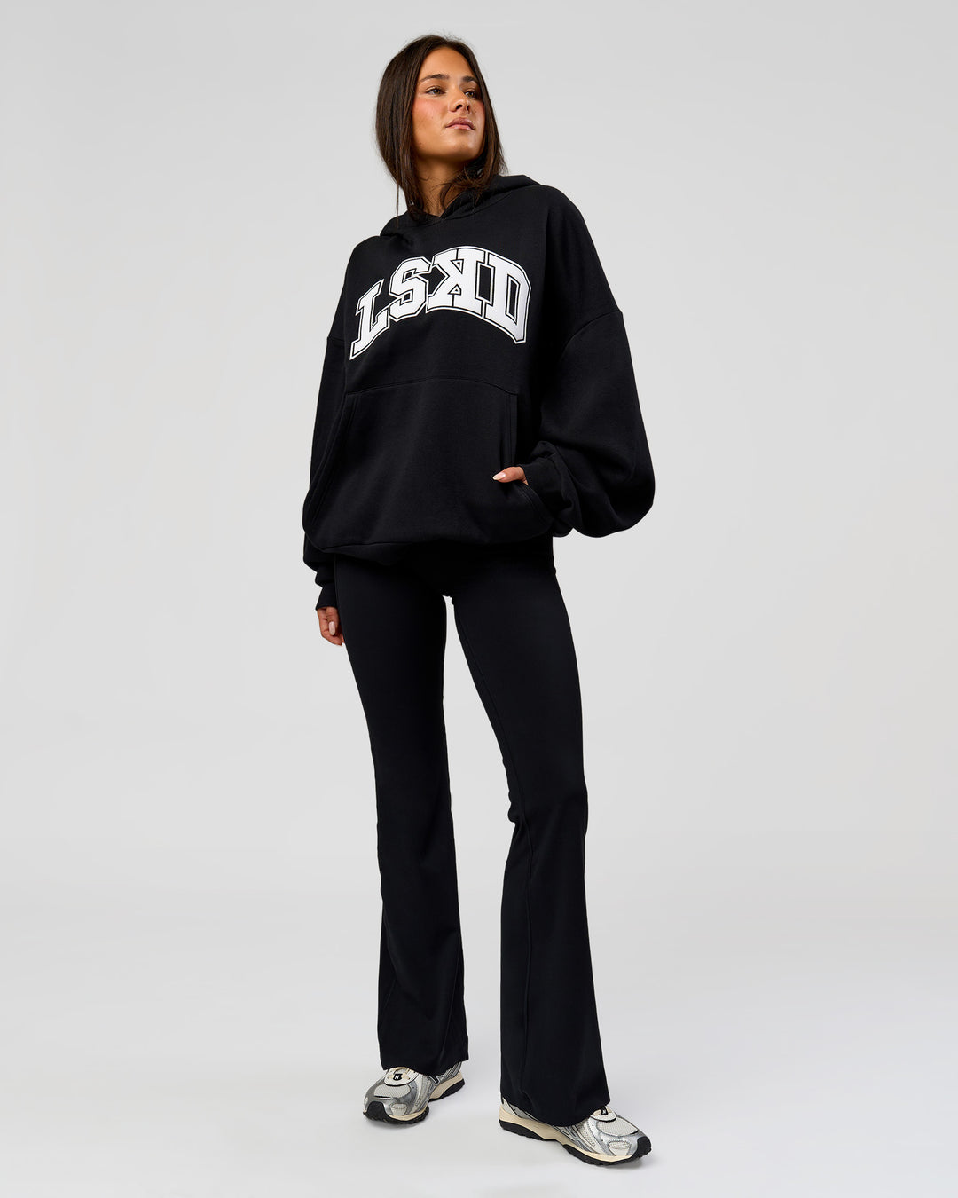 Woman wearing Varsity Boxy Hoodie - Caviar-White | Model:Bianca | Size:L - view 4