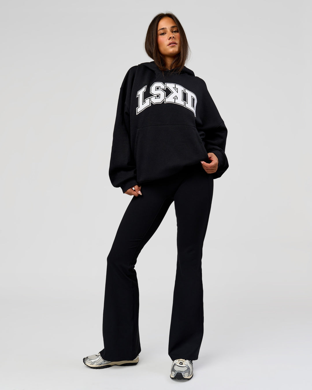 Woman wearing Varsity Boxy Hoodie - Caviar-White | Model:Bianca | Size:L - view 9