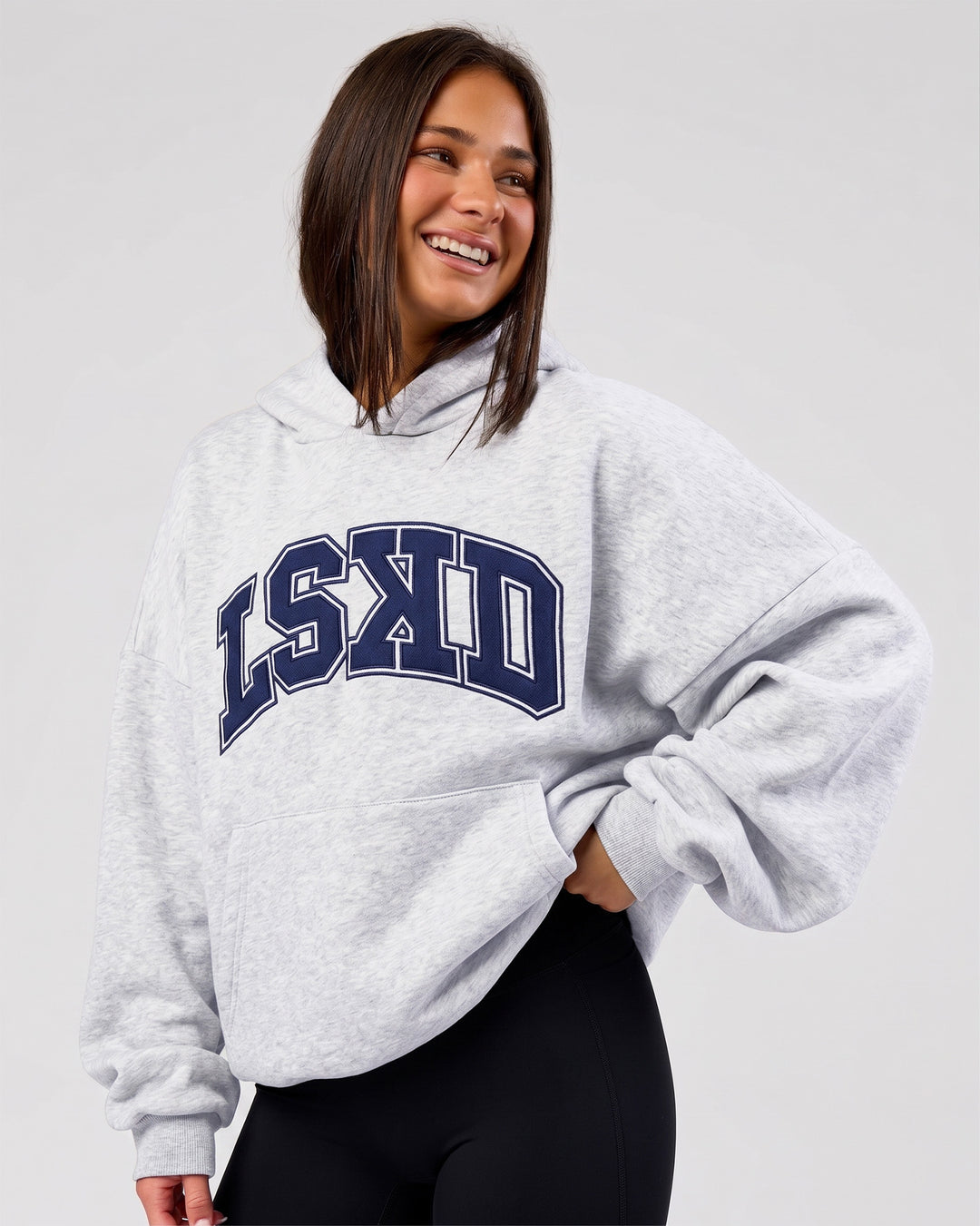 Woman wearing Varsity Boxy Hoodie - Silver Marl-Future Navy | Model:Bianca | Size:L - view 2