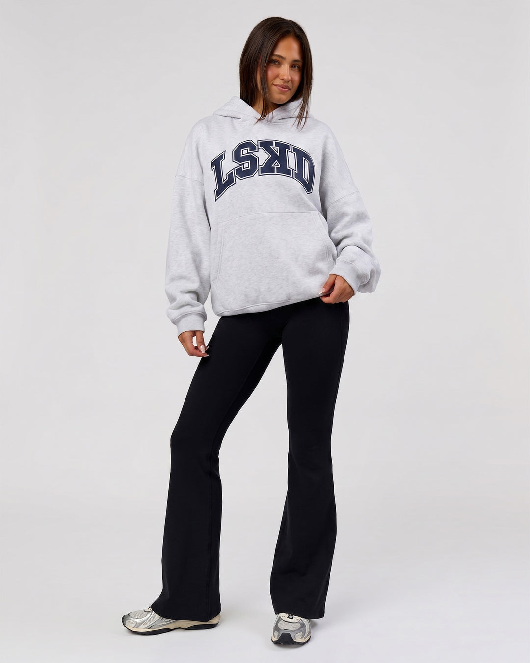 Woman wearing Varsity Boxy Hoodie - Silver Marl-Future Navy | Model:Bianca | Size:L - view 4