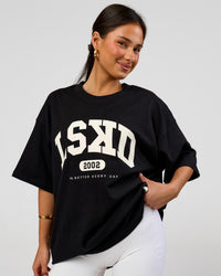 Woman wearing Varsity EST Heavyweight Oversized Tee  - Black-Off White | Model:Bianca | Size:L | Thumbnail Index: 1