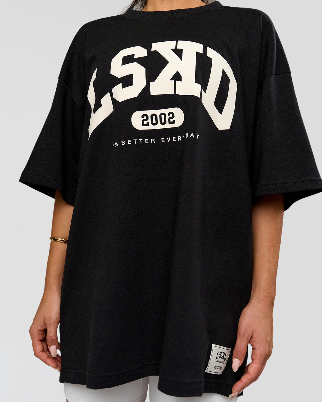 Woman wearing Varsity EST Heavyweight Oversized Tee  - Black-Off White | Model:Bianca | Size:L - view 4