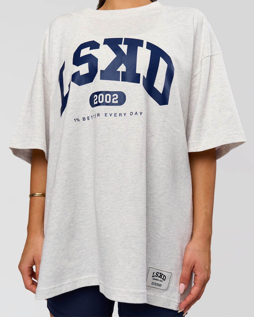 Woman wearing Varsity EST Heavyweight Oversized Tee  - Silver Marl-Future Navy | Model:Bianca | Size:L - view 2