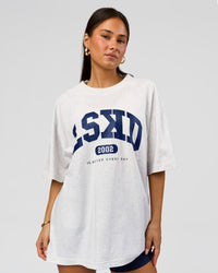 Woman wearing Varsity EST Heavyweight Oversized Tee  - Silver Marl-Future Navy | Model:Bianca | Size:L | Thumbnail Index: 4