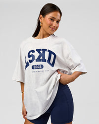 Woman wearing Varsity EST Heavyweight Oversized Tee  - Silver Marl-Future Navy | Model:Bianca | Size:L | Thumbnail Index: 8