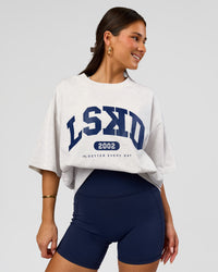 Woman wearing Varsity EST Heavyweight Oversized Tee  - Silver Marl-Future Navy | Model:Bianca | Size:L | Thumbnail Index: 11