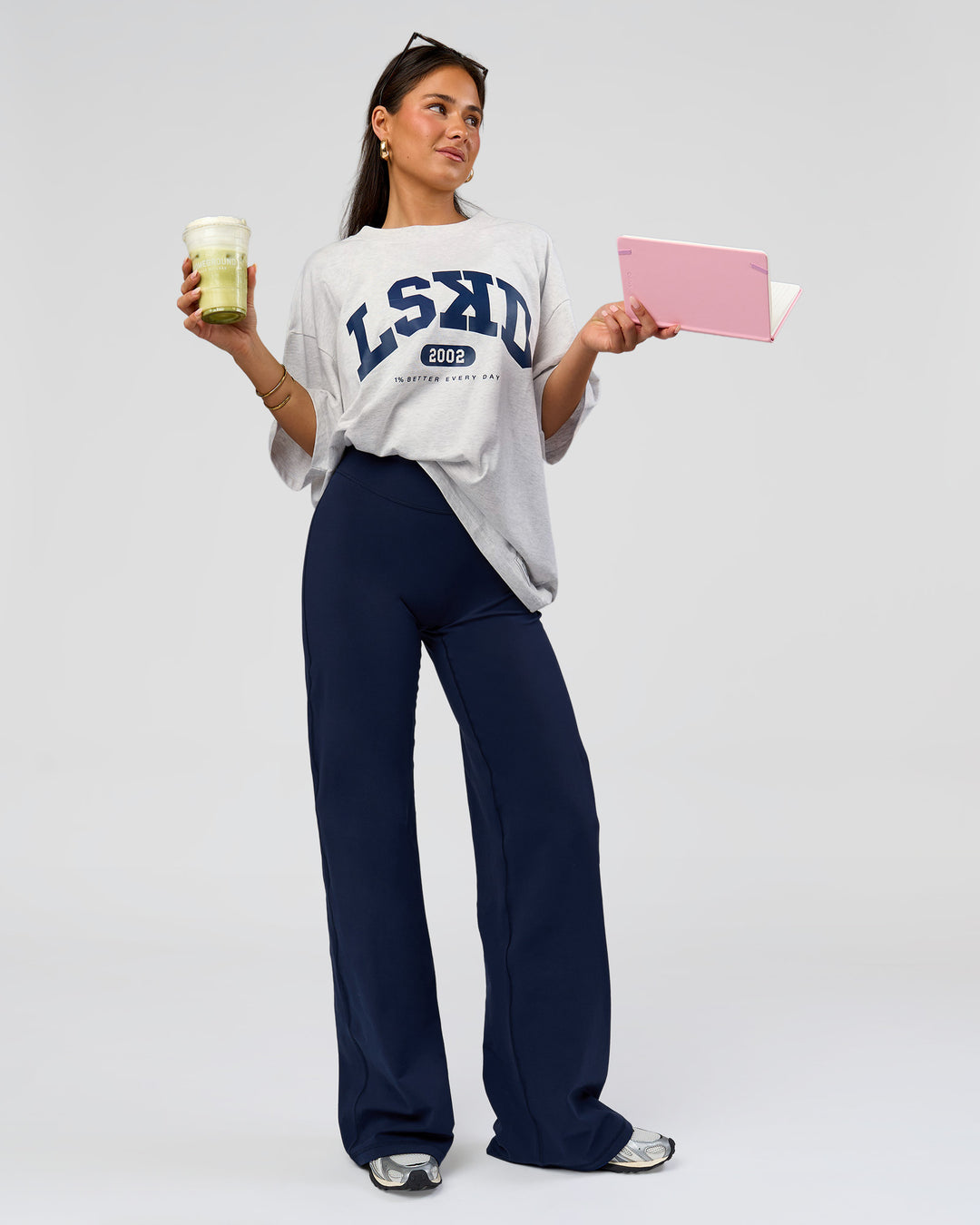 Woman wearing Varsity EST Heavyweight Oversized Tee  - Silver Marl-Future Navy | Model:Bianca | Size:L - view 14