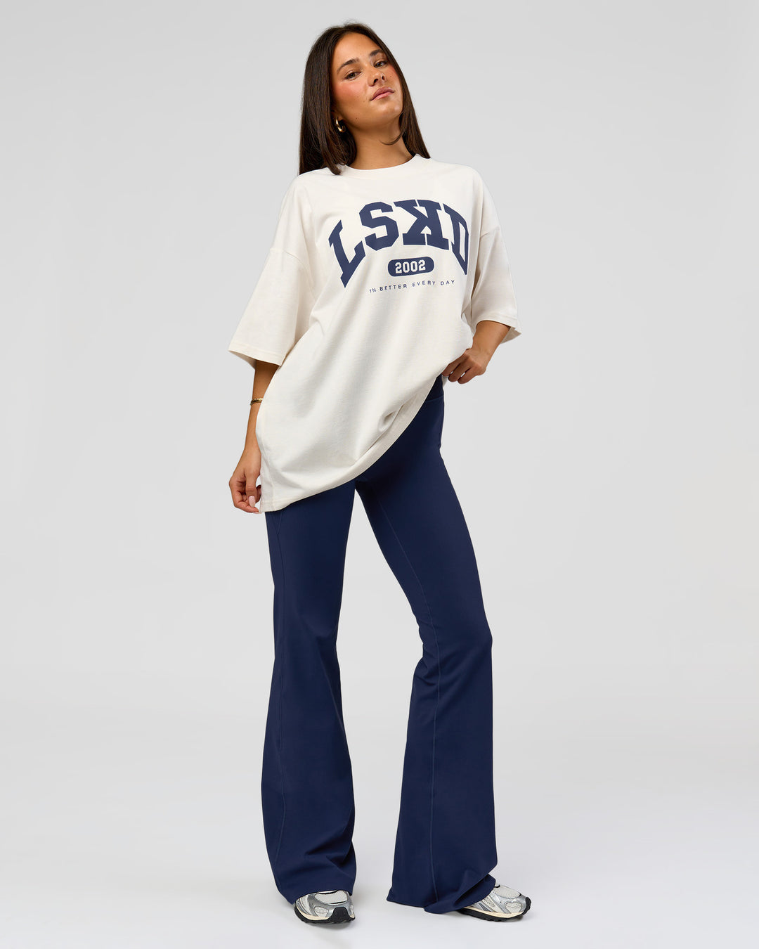 Woman wearing Varsity EST Heavyweight Oversized Tee  - Off White-Future Navy | Model:Bianca | Size:L - view 6
