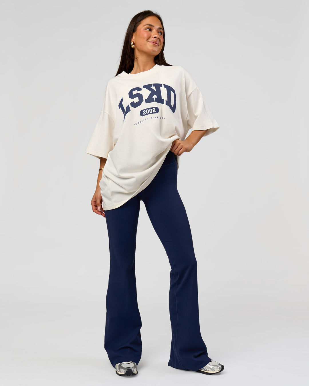 Woman wearing Varsity EST Heavyweight Oversized Tee  - Off White-Future Navy | Model:Bianca | Size:L - view 9
