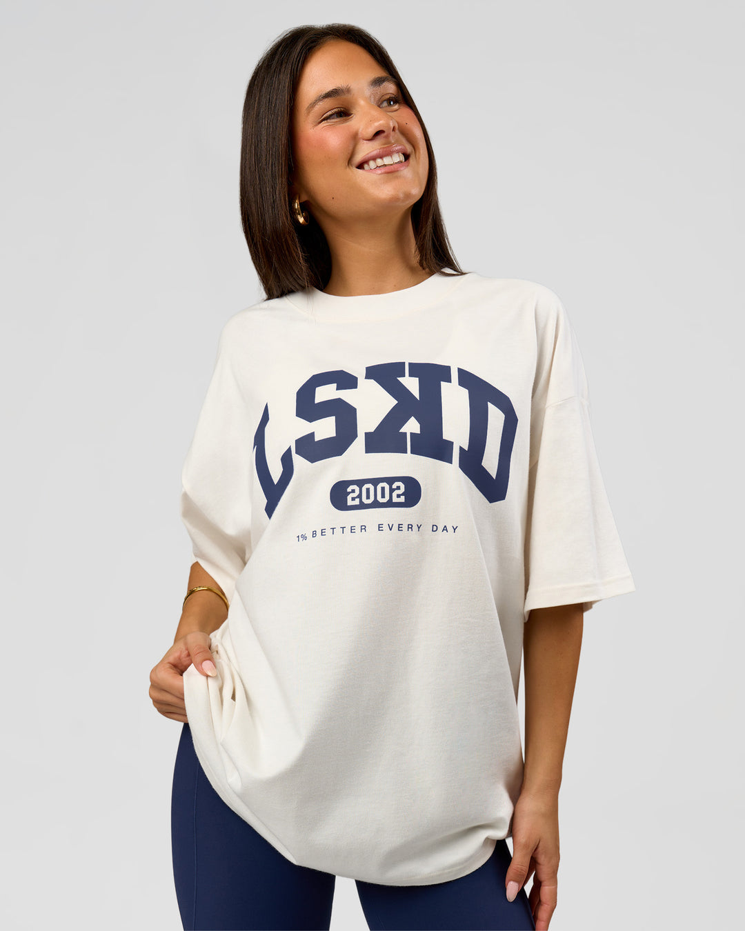 Woman wearing Varsity EST Heavyweight Oversized Tee  - Off White-Future Navy | Model:Bianca | Size:L - view 3