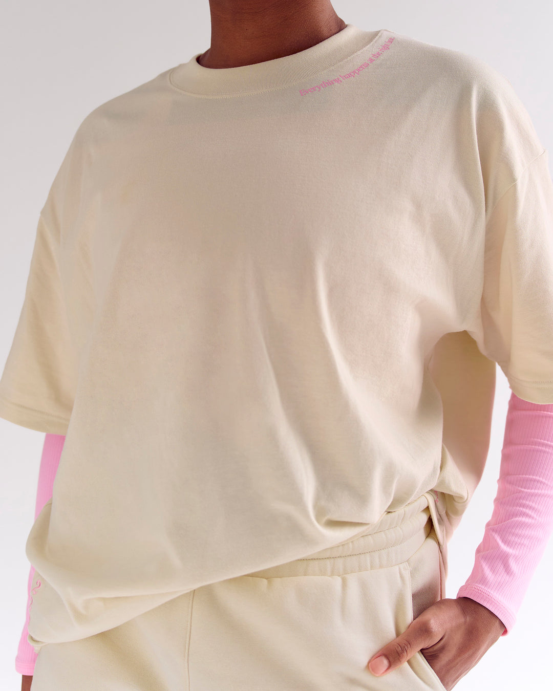 Woman wearing Bree Heavyweight Oversized Tee - Vanilla Bean | Model:Cass | Size:L - view 19