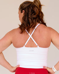 Woman wearing Podium Mesh Shelf Bra Tank - White | Model:Tia | Size:L | Thumbnail Index: 8