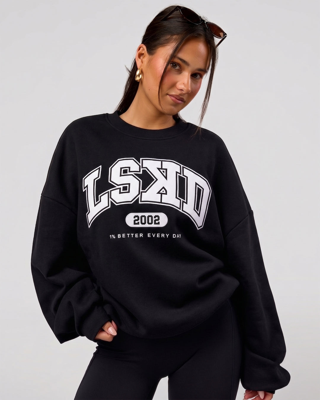 Woman wearing Varsity Boxy Crew in Caviar-Off White | Model:Varsity | Size:L - view 2