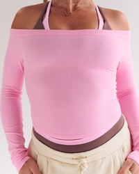 Woman wearing Bree Bardot Long Sleeve Top - Pink Rose | Model:Bree | Size:M | Thumbnail Index: 1