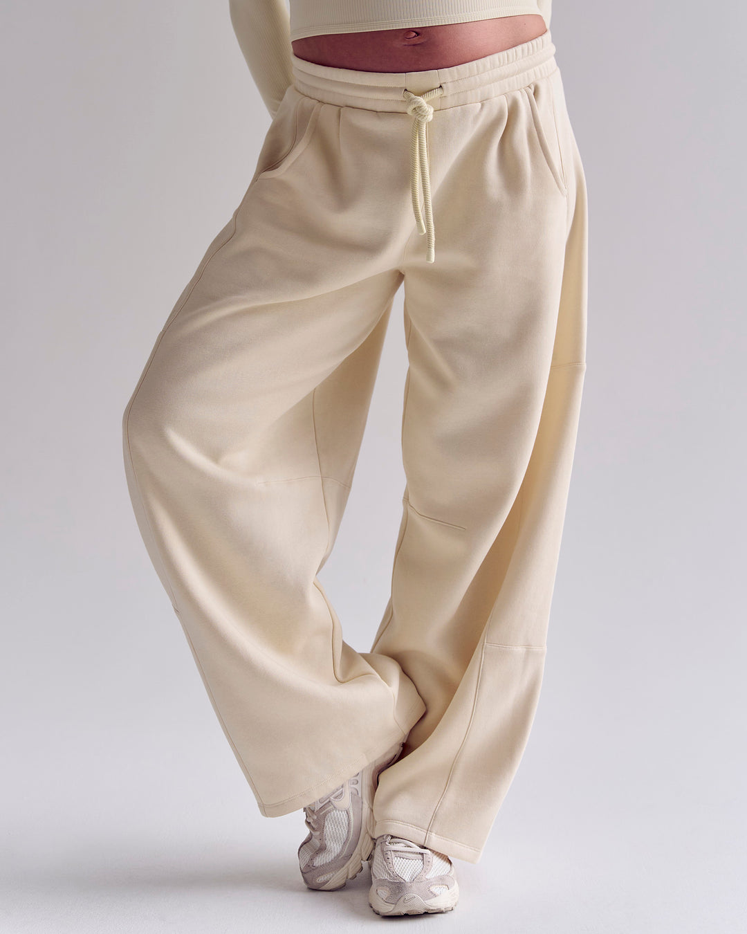 Woman wearing Bree Barrel Fleece Track Pant - Vanilla Bean | Model:Bree | Size:M - view 7