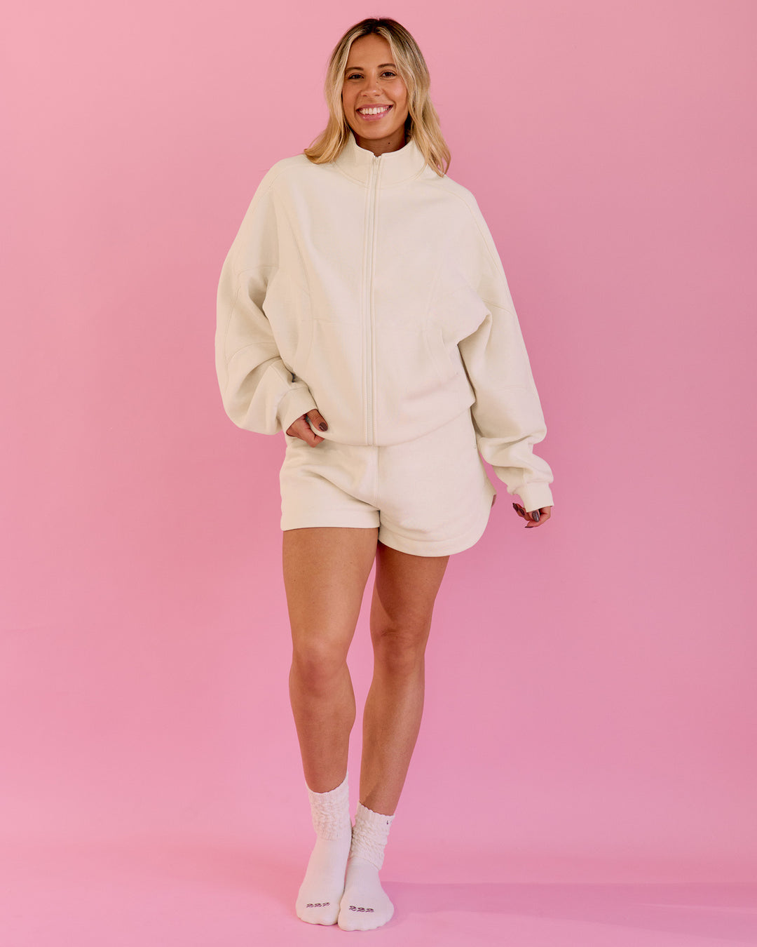 Woman wearing Bree Oversized Fleece Zip Thru - Vanilla Bean | Model:Bree | Size:M - view 17