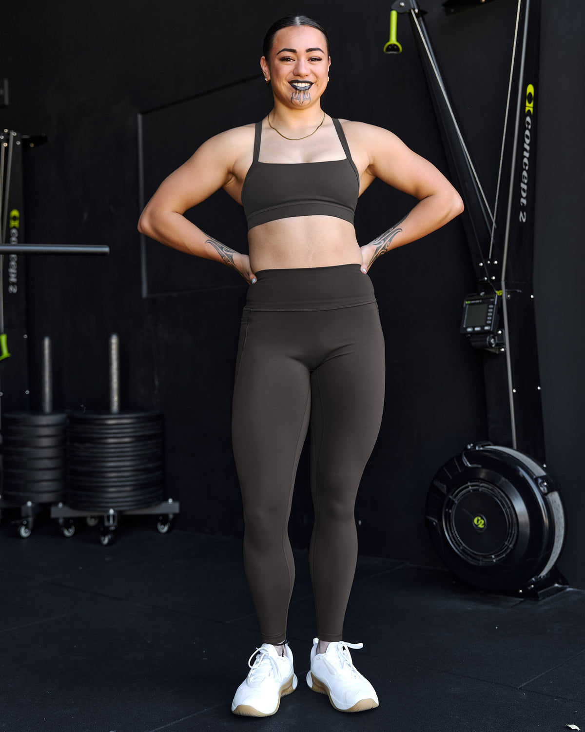 Woman wearing Fusion Ultra High-Rise Full Length Legging Pockets - Onyx | Model:Terai | Size:M