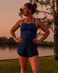Woman wearing Tia-Clair Toomey-Orr Legacy 3" Run One-Piece - Future Navy | Model:Tia | Size:M | Thumbnail Index: 21