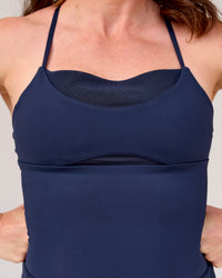 Woman wearing Tia-Clair Toomey-Orr Legacy 3" Run One-Piece - Future Navy | Model:Tia | Size:M | Thumbnail Index: 20