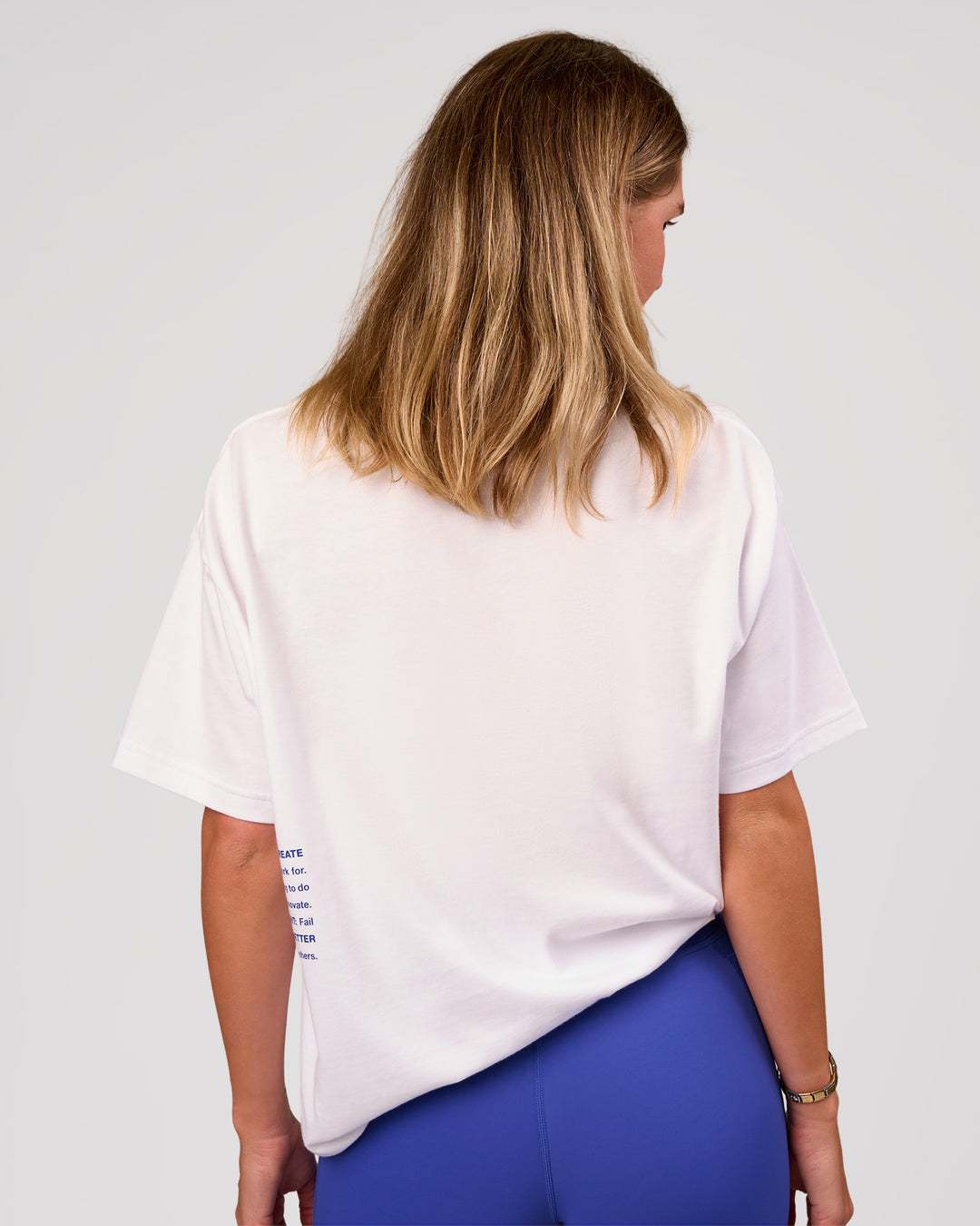 Woman wearing Block Heavyweight Oversized Tee  - White-Power Cobalt | Model:Amity | Size:S - view 6
