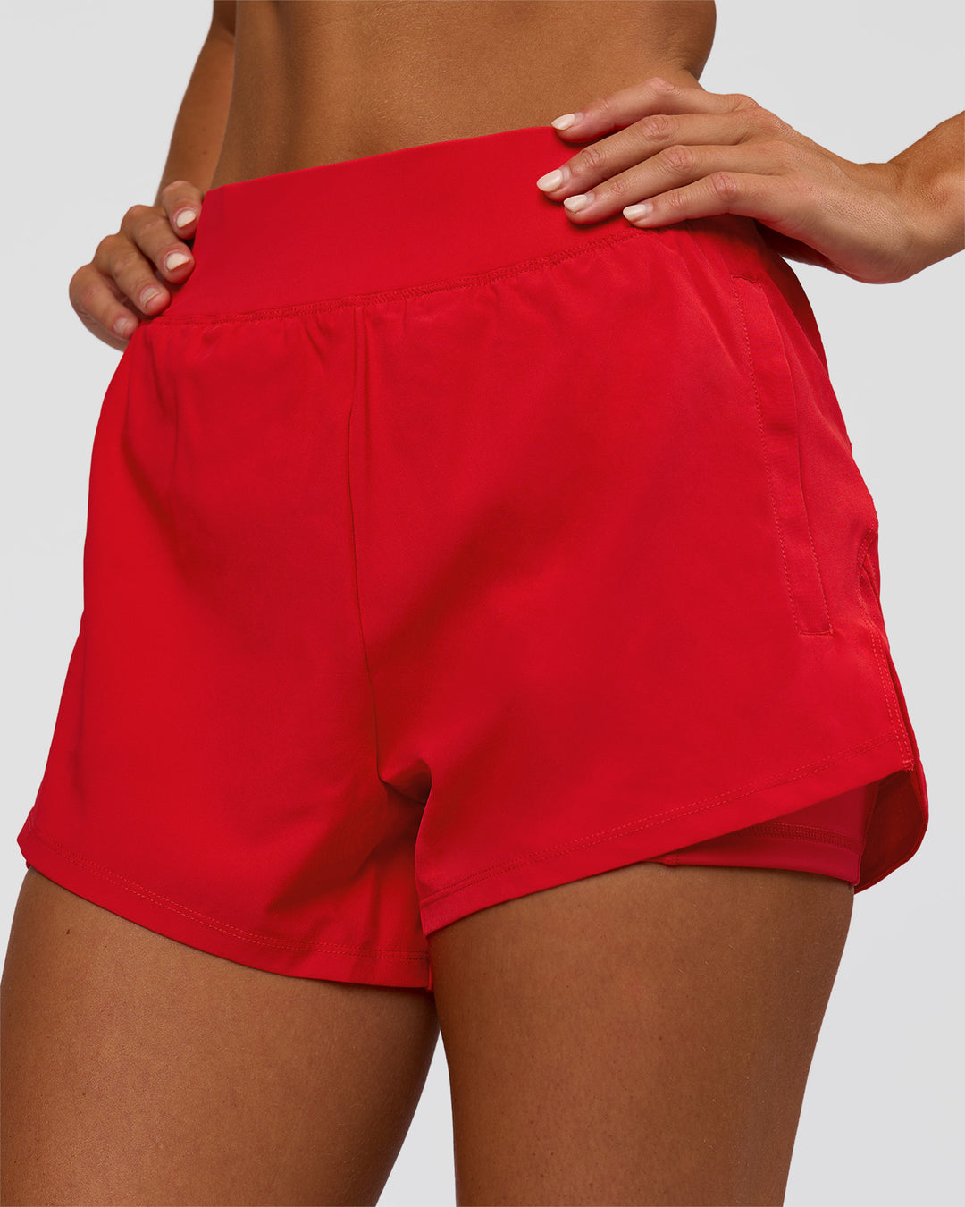 Woman wearing Challenger 3" Lined Performance Short - Scarlet | Model:Amity | Size:S - view 8