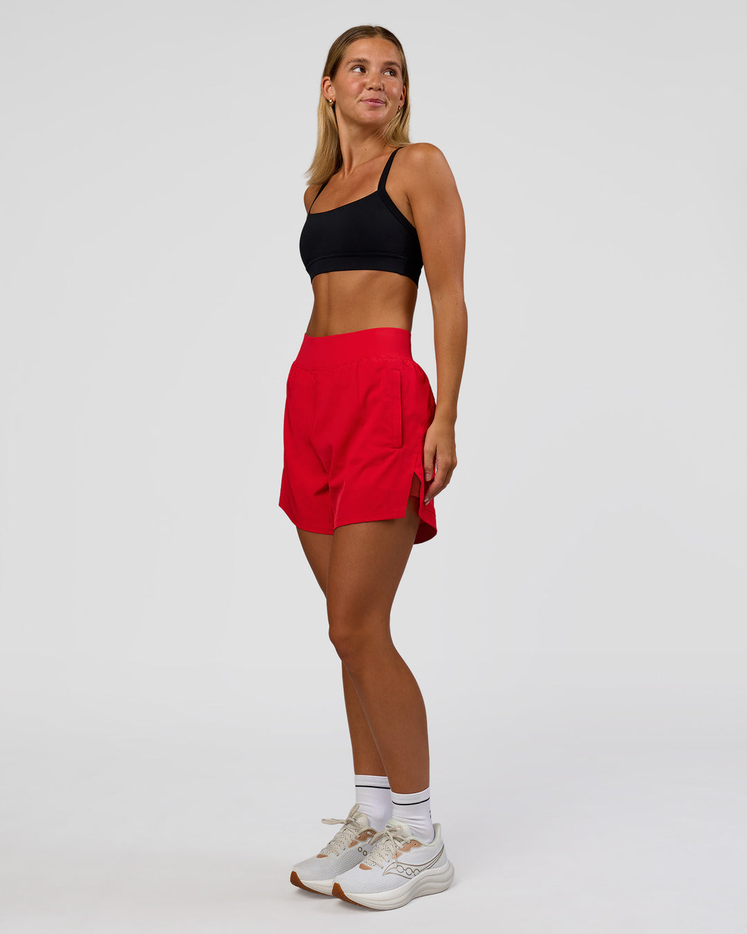 Woman wearing Challenger 5" Lined Performance Short - Scarlet | Model:Amity | Size:S - view 3