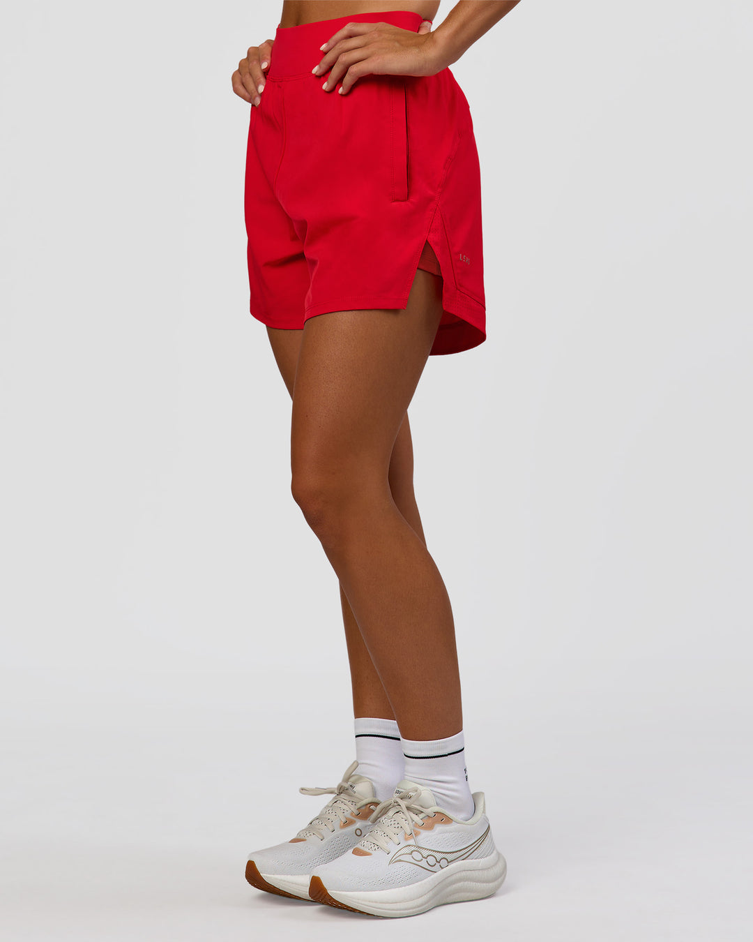 Woman wearing Challenger 5" Lined Performance Short - Scarlet | Model:Amity | Size:S - view 6