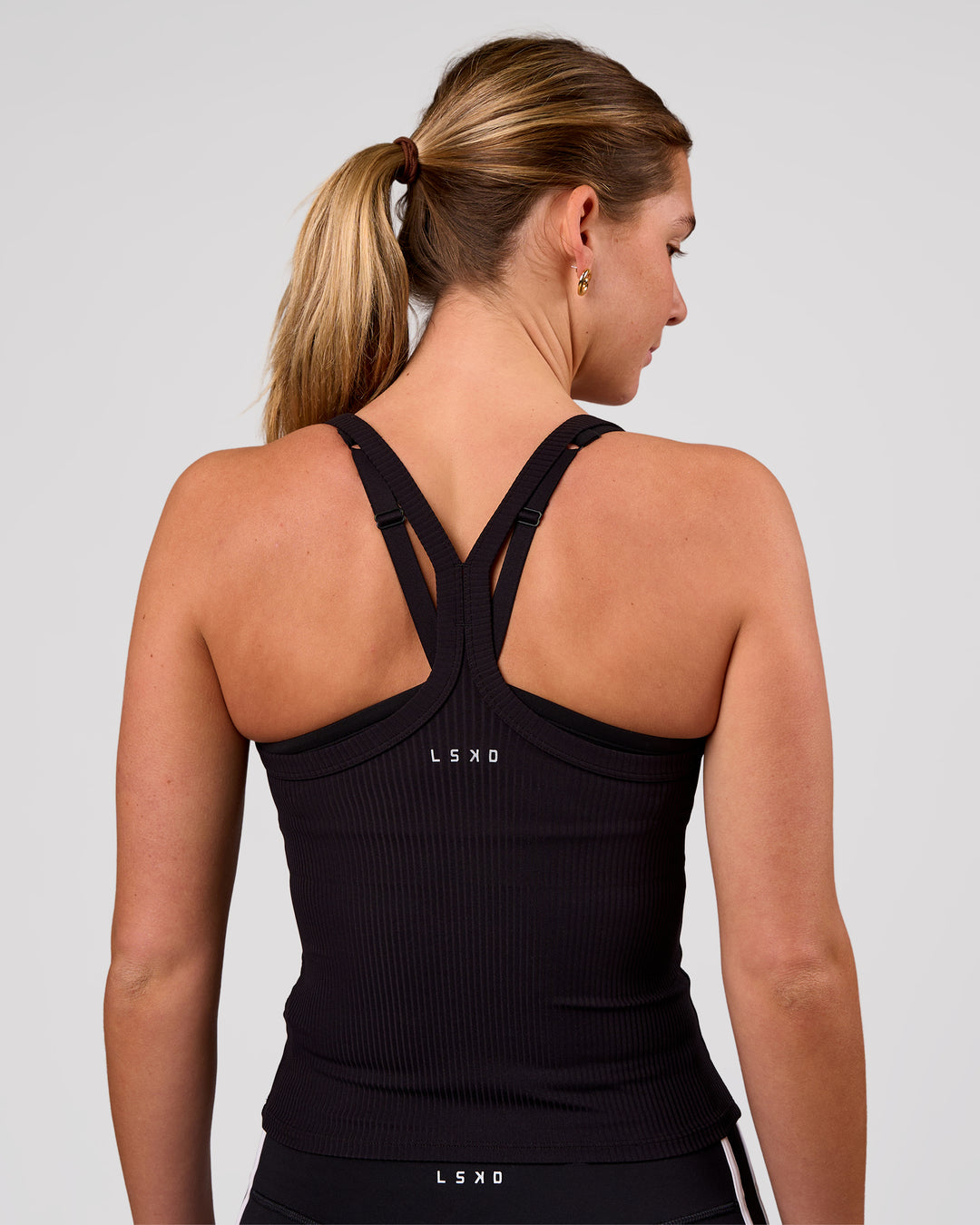 Woman wearing Flame Ribbed Regular Length Tank - Black | Model: Amity | Size: S - view 7