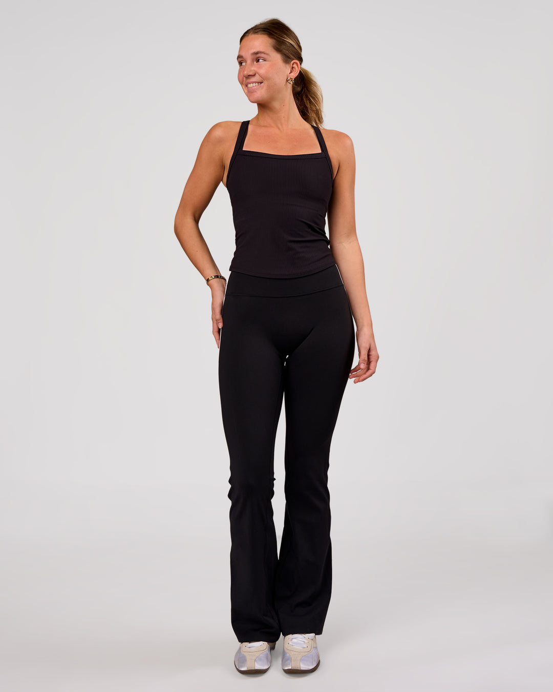 Woman wearing Flame Ribbed Regular Length Tank - Black | Model: Amity | Size: S - view 6