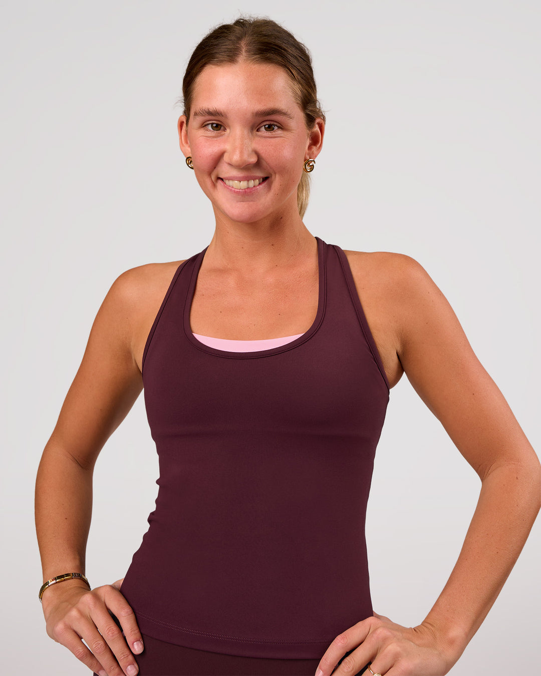 Woman wearing Flow Rep Scoop Neck Tank - Cherry Lacquer | Model:Amity | Size:S - view 3