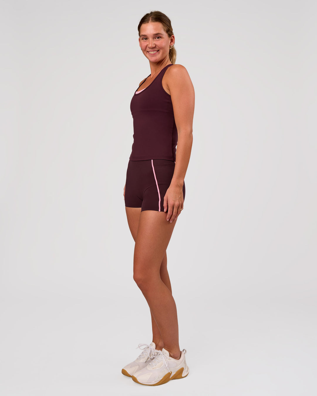 Woman wearing Flow Rep Scoop Neck Tank - Cherry Lacquer | Model:Amity | Size:S - view 4