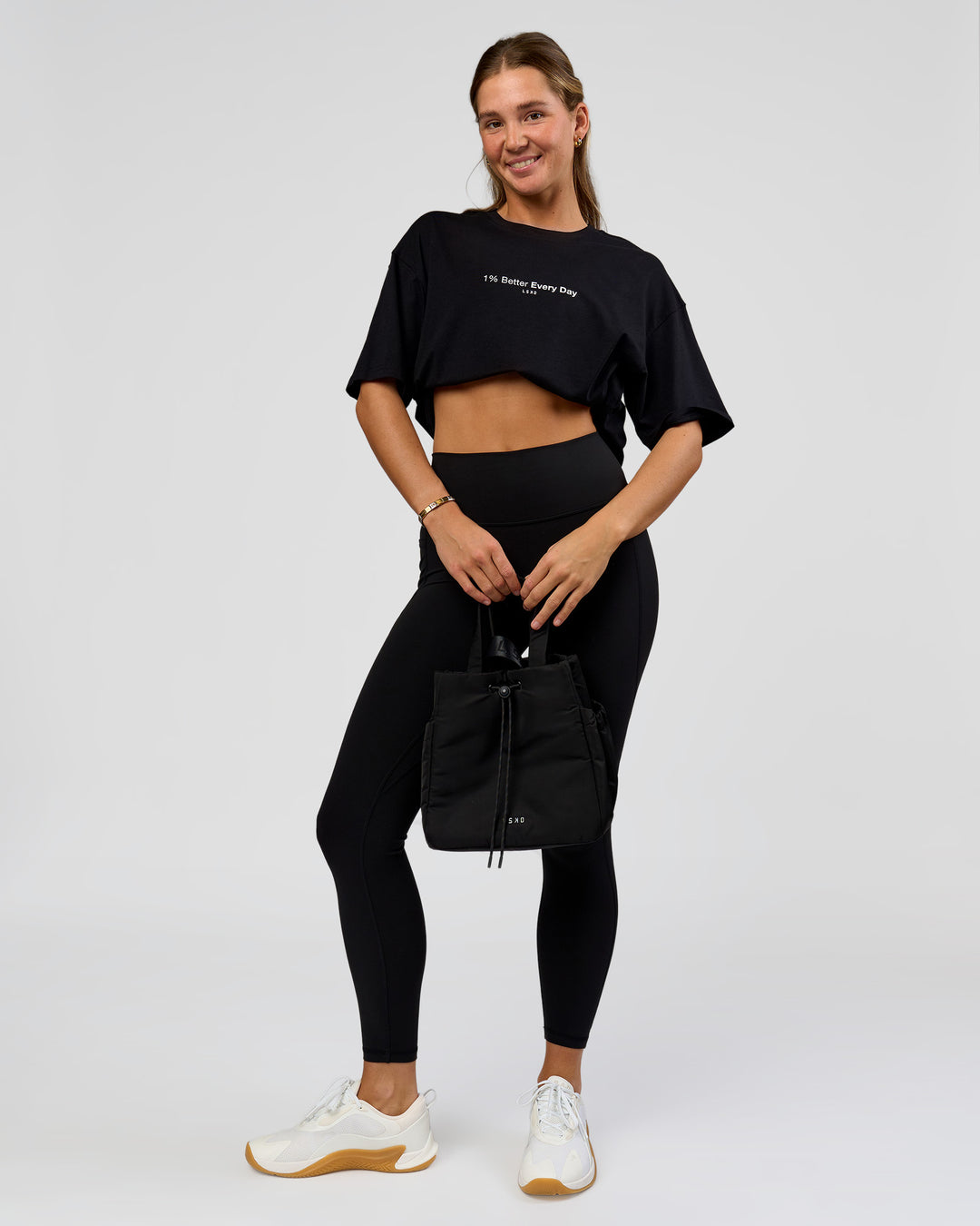 Woman wearing O.G. Fusion High-Rise Full Length Legging Pockets - Black | Model:Amity | Size:S - view 6