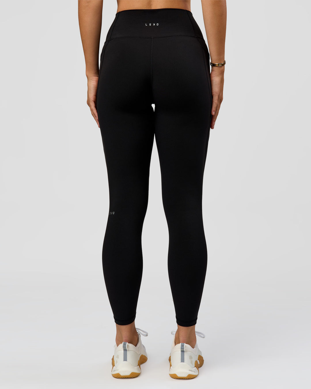 Woman wearing O.G. Fusion High-Rise Full Length Legging Pockets - Black | Model:Amity | Size:S - view 8