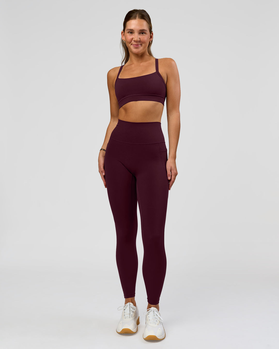 Woman wearing O.G. Fusion Ultra High-Rise Full Length Legging Pockets - Cherry Lacquer | Model:Amity | Size:S - view 4