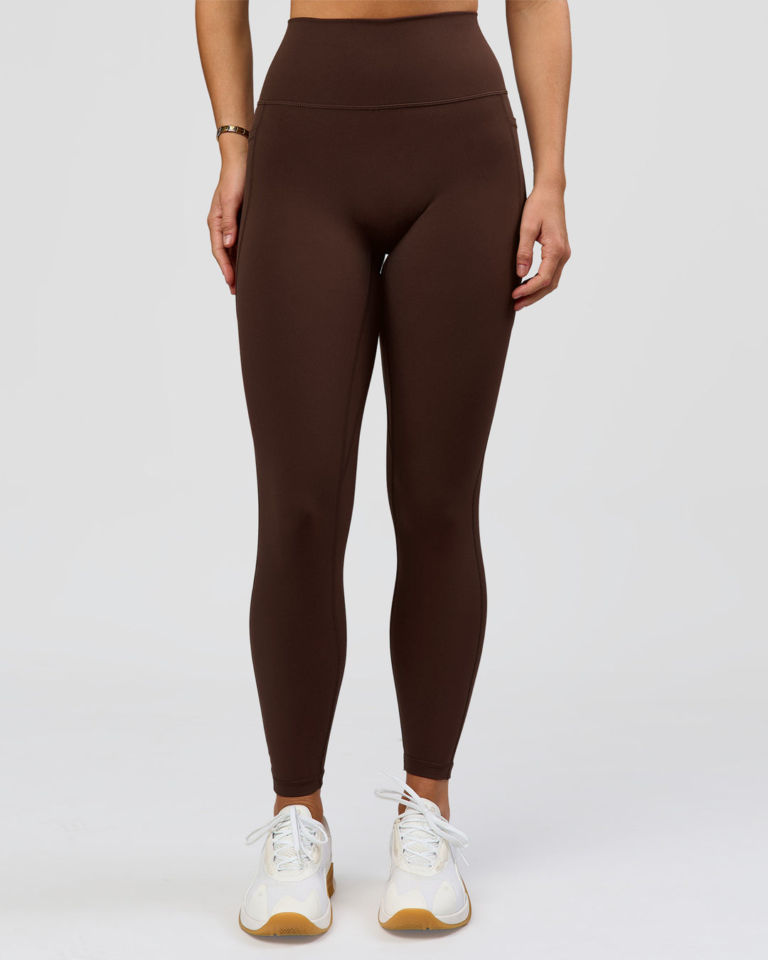 Woman wearing O.G. Fusion Ultra High-Rise Full Length Legging Pockets - Hot Chocolate | Model:Amity | Size:S - view 3