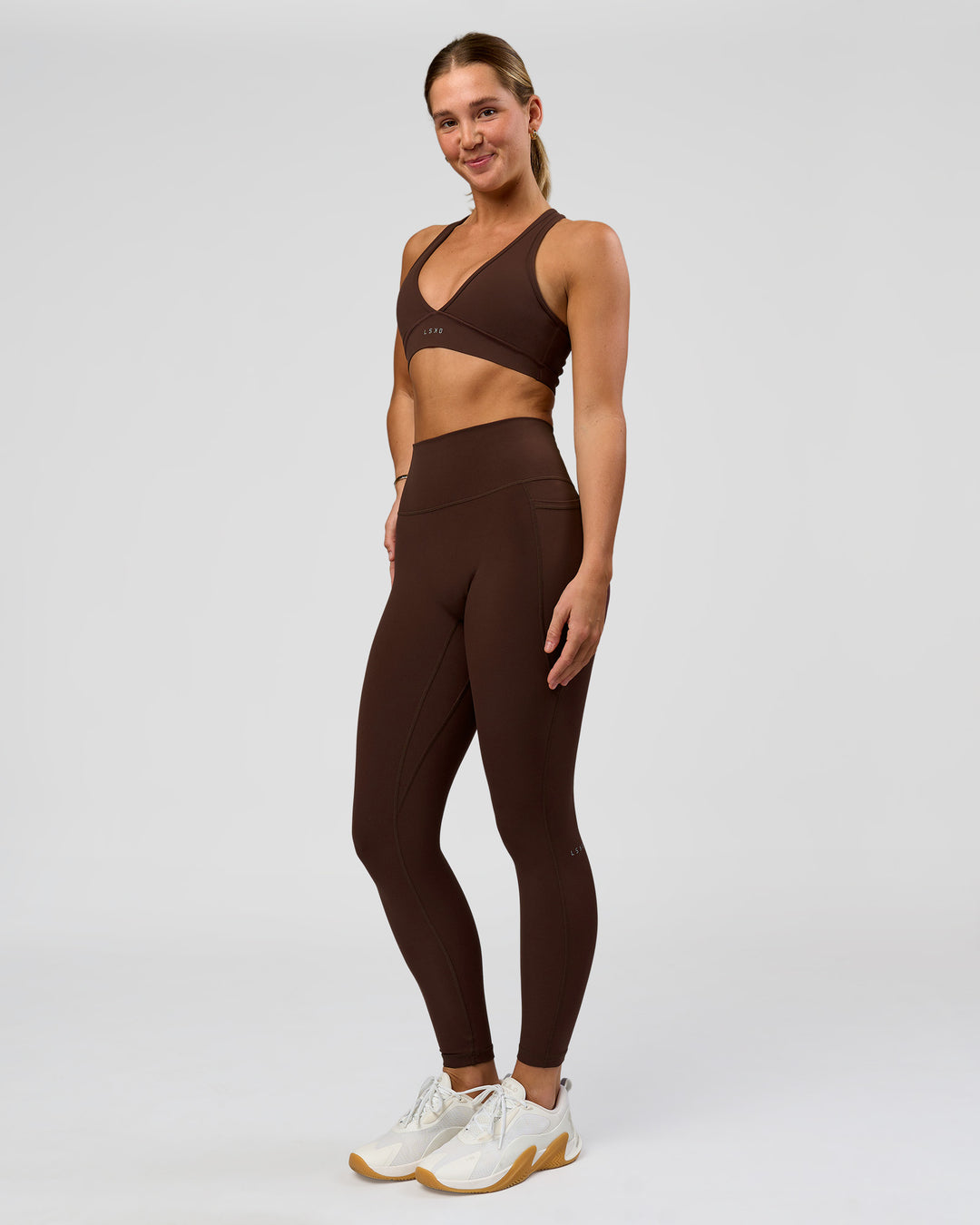 Woman wearing O.G. Fusion Ultra High-Rise Full Length Legging Pockets - Hot Chocolate | Model:Amity | Size:S - view 8