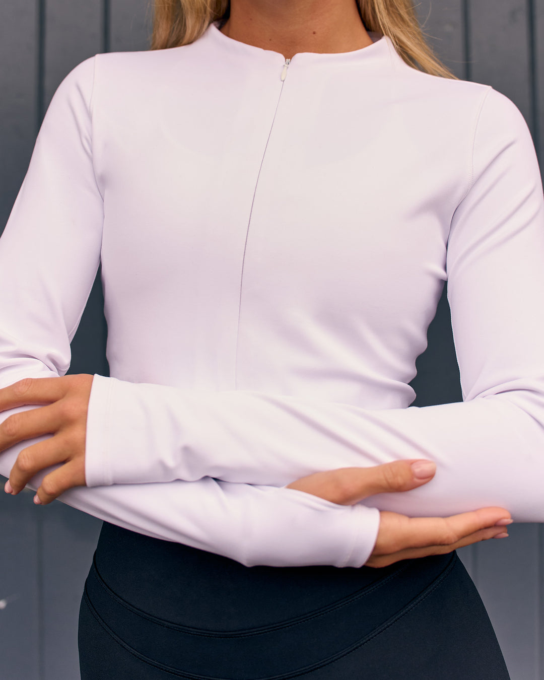 Woman wearing Sculpt Full Zip Long Sleeve Top - White | Model:Amity | Size:S - view 4