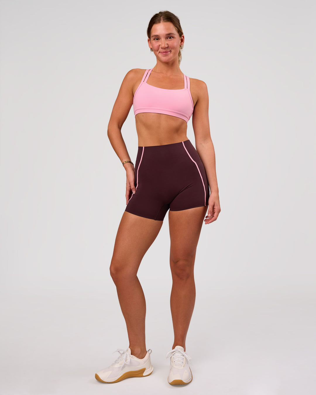 Woman wearing Velocity Sports Bra - Pink Rose | Model:Amity | Size:S - view 5