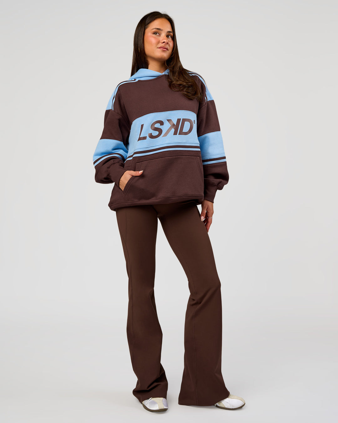 Woman wearing A-Team Oversized Hoodie - Hot Chocolate-Open Air | Model:Bianca | Size:S - view 5