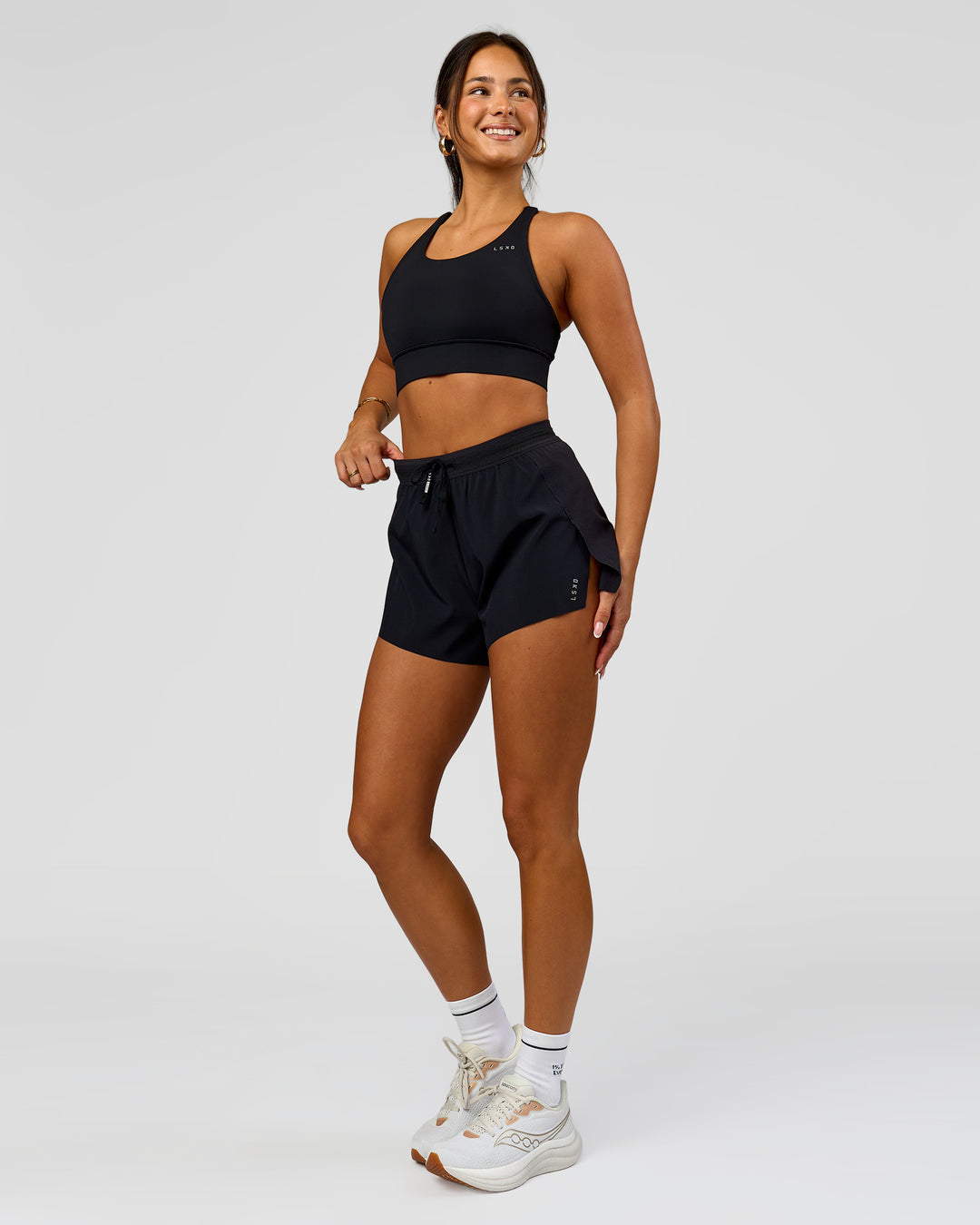 Woman wearing Accelerate 3" High-Rise Running Short - Black | Model:Bianca | Size:S - view 10