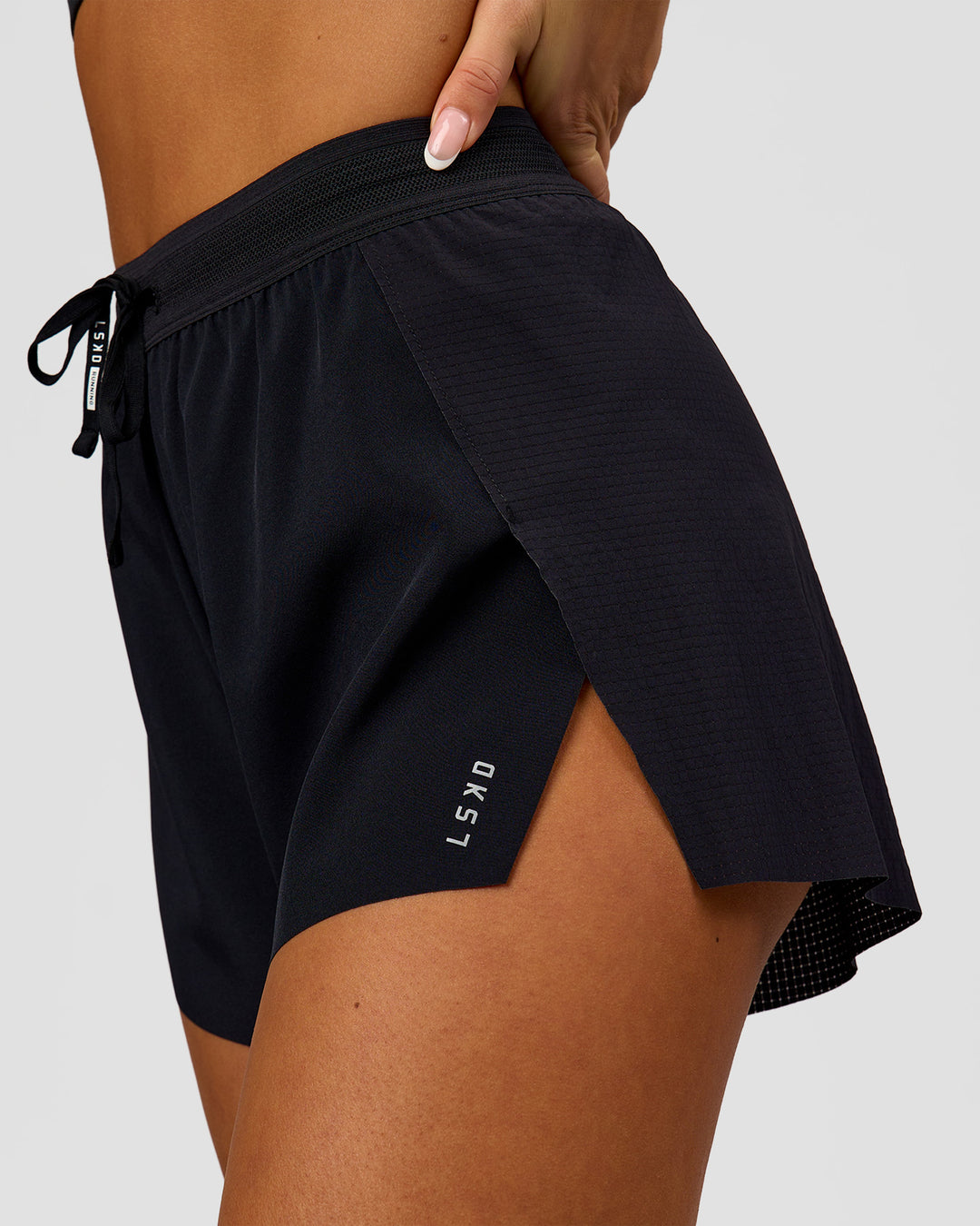 Woman wearing Accelerate 3" High-Rise Running Short - Black | Model:Bianca | Size:S - view 9