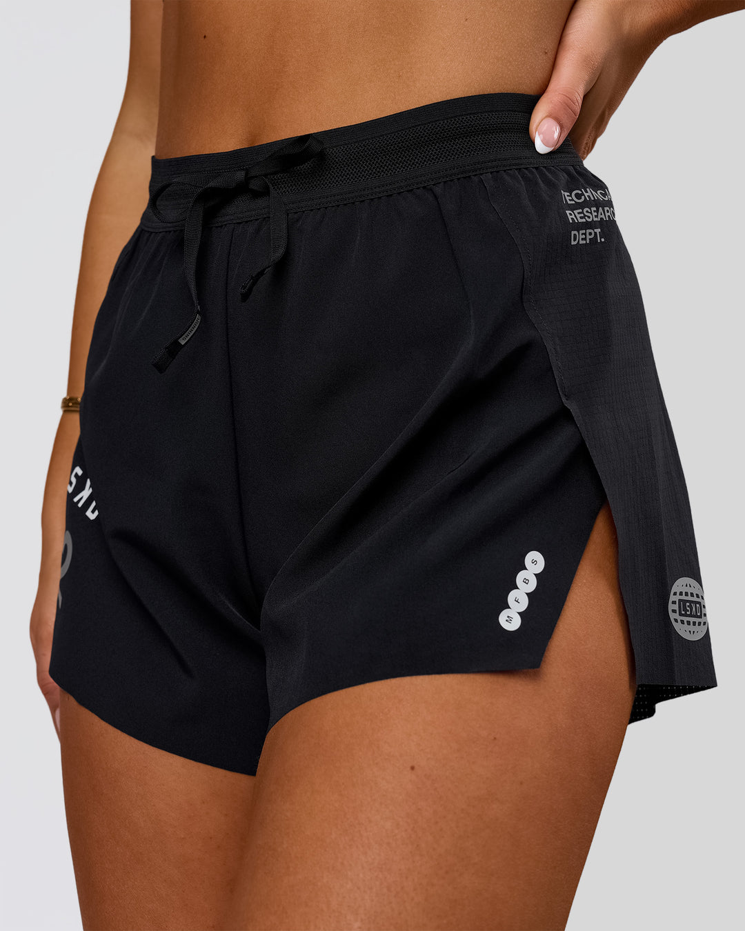 Woman wearing Accelerate 3" High-Rise Running Short - Black-Tech Department | Model:Bianca | Size:S - view 1