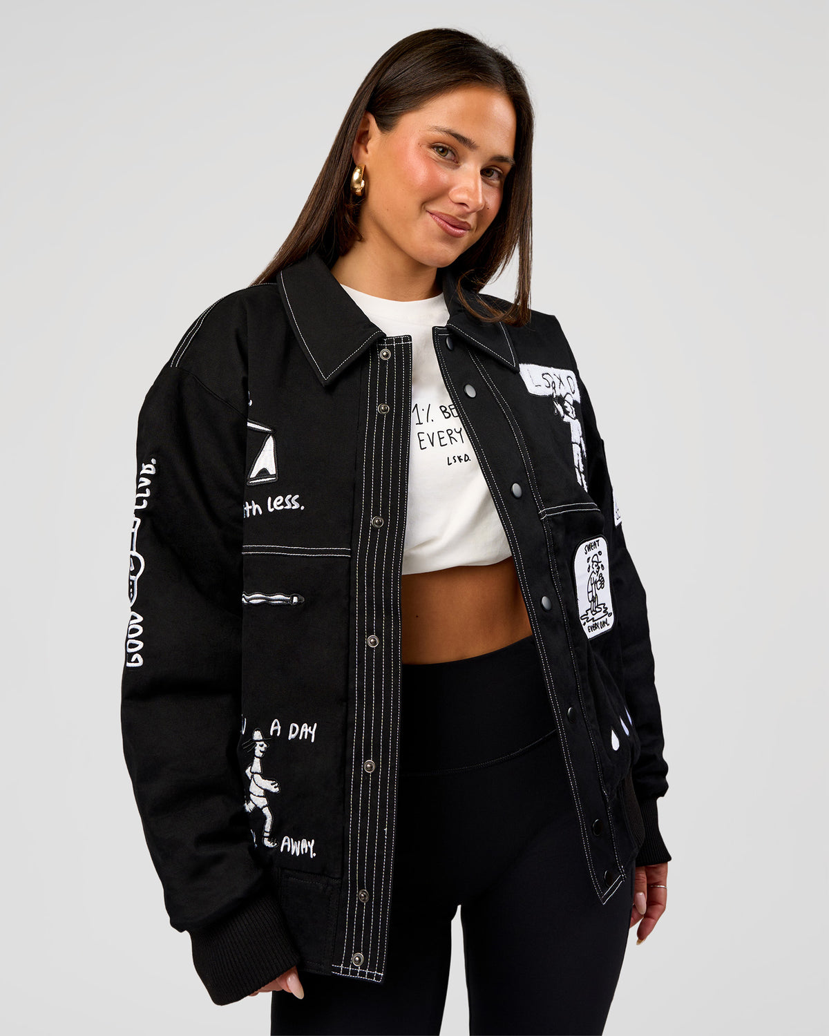 Woman wearing Andrew J. Steel x LSKD Bomber Jacket - Black | Model:Bianca | Size:S