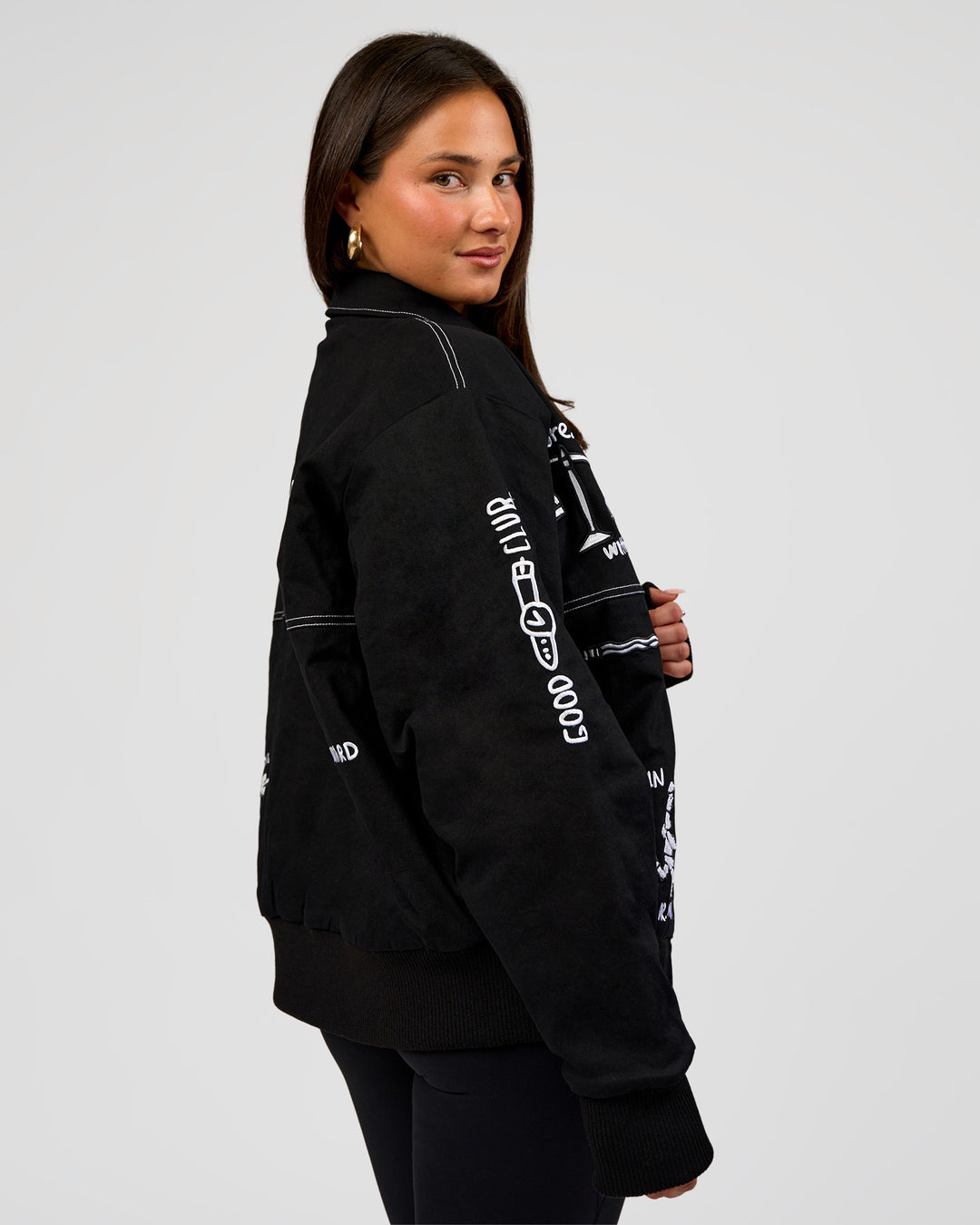 Woman wearing Andrew J. Steel x LSKD Bomber Jacket - Black | Model:Bianca | Size:S - view 10
