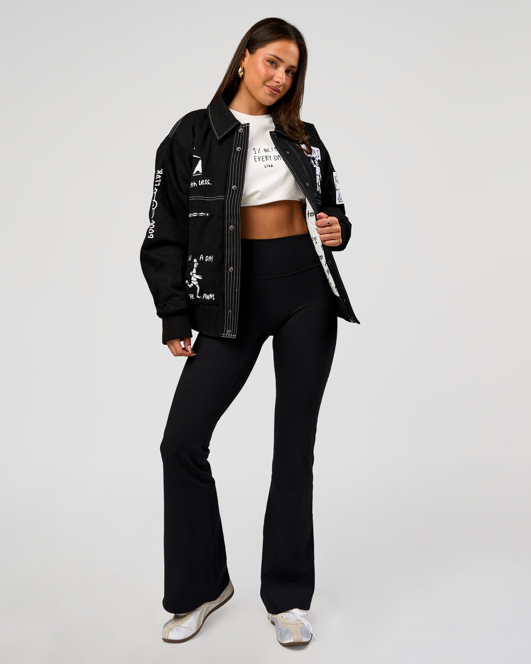 Woman wearing Andrew J. Steel x LSKD Bomber Jacket - Black | Model:Bianca | Size:S - view 15