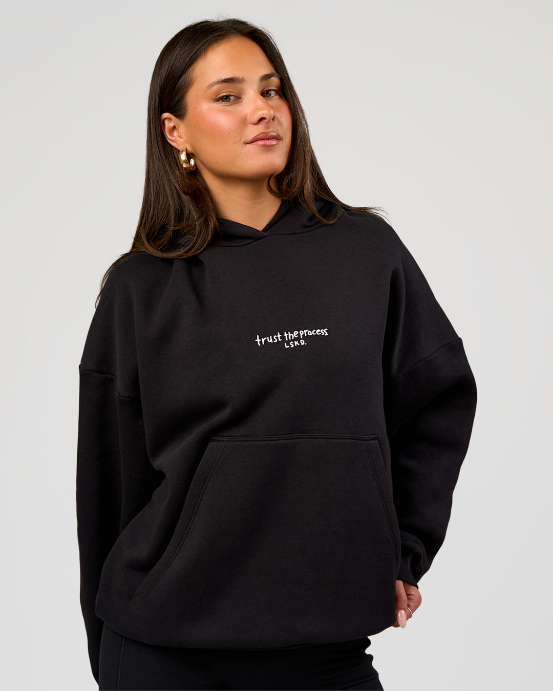Woman wearing Andrew J. Steel x LSKD Boxy Hoodie - Black | Model:Bianca | Size:S - view 3