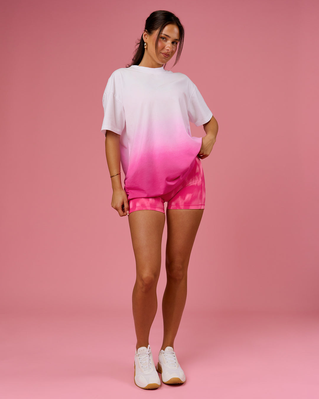 Woman wearing BCAM Ombre Heavyweight FLXCotton Oversized Tee  - White-Ultra Pink | Model:Bianca | Size:S - view 11