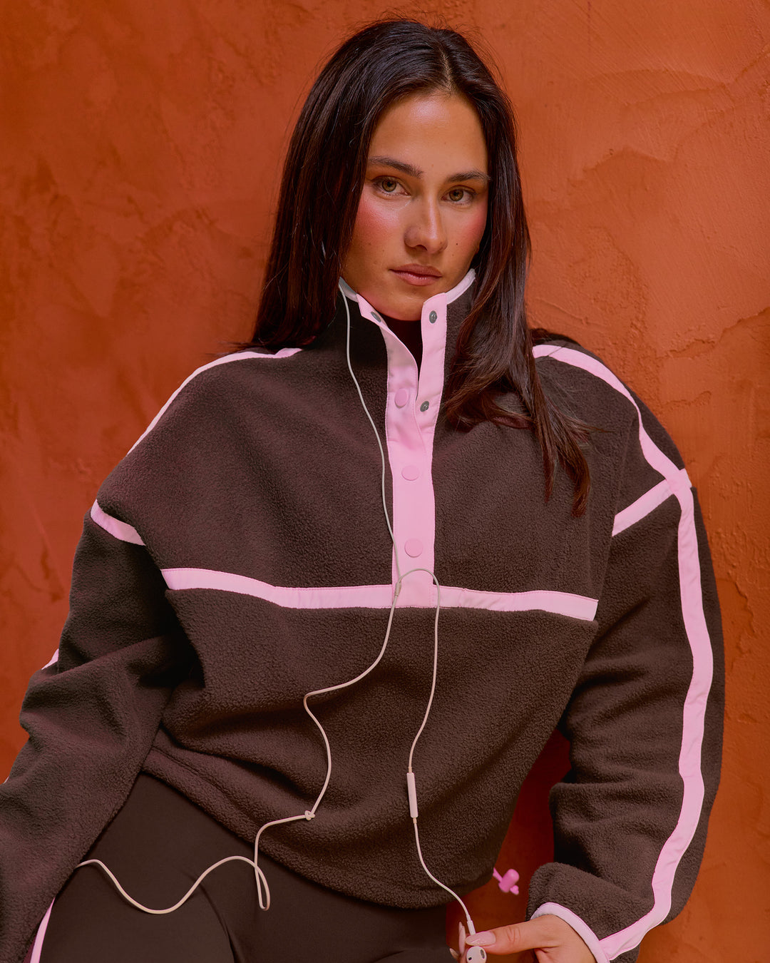 Woman wearing Expedition Pop Over - Hot Chocolate-Pink Rose | Model:Bianca | Size:S - view 1
