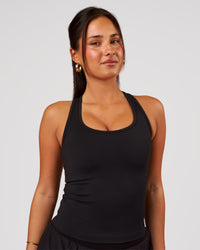 Woman wearing Flow Rep Scoop Neck Tank - Black | Model:Bianca | Size:S | Thumbnail Index: 0