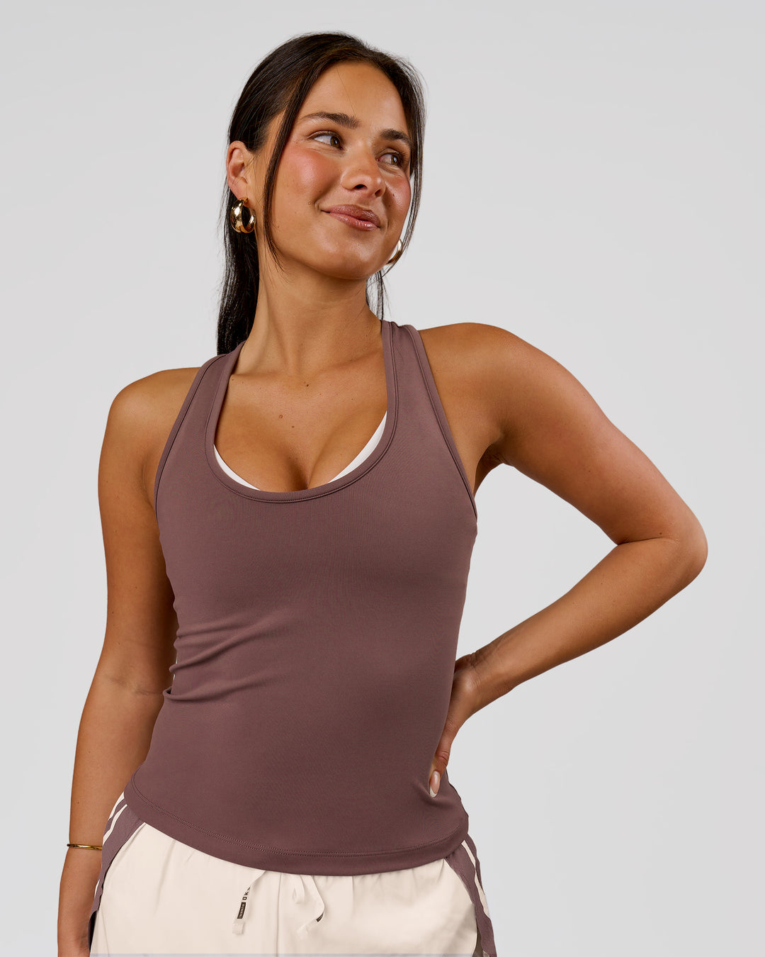 Woman wearing Flow Rep Scoop Neck Tank - Cocoa Powder | Model:Bianca | Size:S - view 4